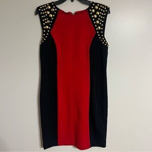 NWT Michael Kors Red/Black Colorblock Gold Studded‎ Lined Sheath Dress Size 8